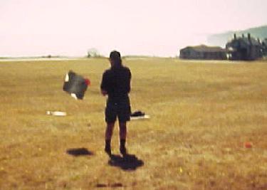 Dennis flying a paper Babu Kahn kite